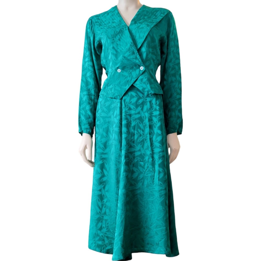 Vintage Argenti‎ Pure Silk Dress Skirt Top Set Green 8 Petite